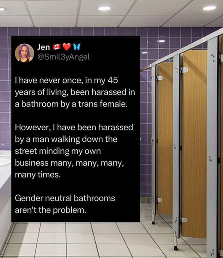 Jen @Smil3yAngel

I have never once, in my 45 years of living, been harassed in a bathroom by a trans female

However, I have been harassed by a man walking down the street minding my own business many, many, many, many times

Gender neutral bathrooms aren't the problem