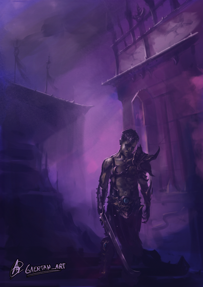 digital illustration depicting a person wearing hedonites of slaanesh(warhammer age of sigmar faction) attire, which consists of some light armorplates, and some spiky studded leather. They are looking somberly towards a side while holding a sword