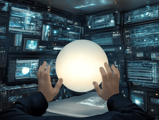 A glowing crystal ball floating in the air with two hands reaching towards it, surrounded by glowing screens full of information