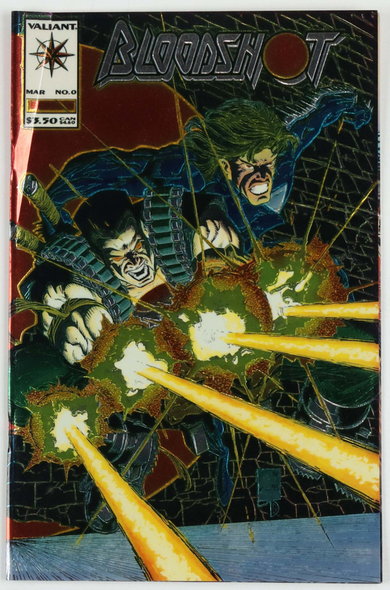 bloodshot and another figure, shadowman I think , leaping forward, bloodshot shooting off his firearms , at the top t reads 'bloodshot' in large letters, in the top left corner is the valiant comics logo