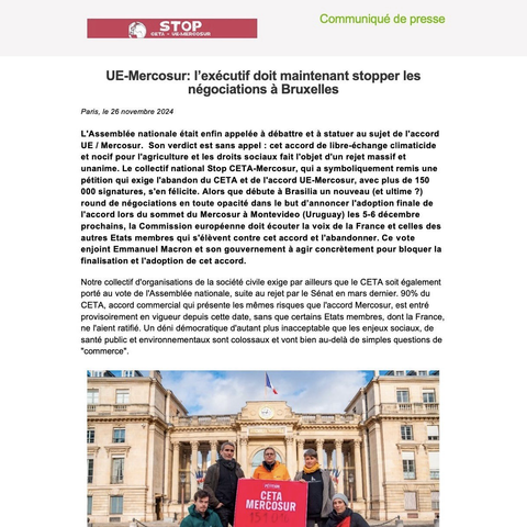 ⛔ STOP UE-MECOSUR 🇪🇺 #ToxicTrade 🇫🇷 Vote @AssembleeNat 26Nov2024 📢 #StopLibreÉchange ✊ 🚜🧑‍🌾 Communiqués & Contacts Presse 🎦 👉 https://www.confederationpaysanne.fr/actu.php?id=14925 ➡️ https://www.confederationpaysanne.fr/sites/1/articles/documents/CP_Collectif_%20vote%20Mercosur%20AN(1).pdf 📌 https://www.maximecombes.fr/wp-content/uploads/2024/11/Note-dactualite-Nov.-2024.pdf ✍️ Pétition: https://www.foodwatch.org/fr/sinformer/nos-campagnes/politique-et-lobbies/accords-de-commerce/petition-ni-ceta-ni-mercosur #StopALE #StopUEMercosur #StopCETA
