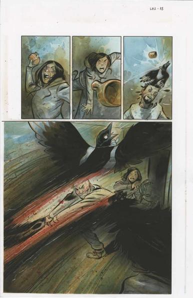 A page from The Lonesome Hunters of Howard and Lupe fighting a supernatural magpie. Howard uses the magic sword to slice it in half.