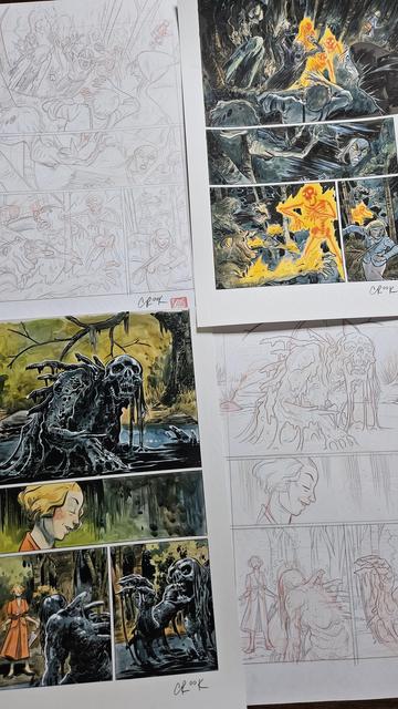 Two Harrow County watercolor pages with their pencils.