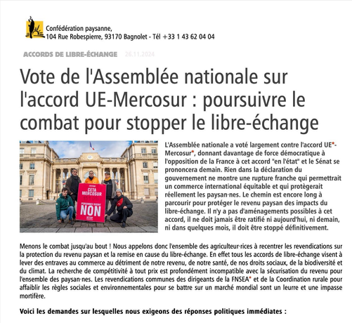 ⛔ STOP UE-MECOSUR 🇪🇺 #ToxicTrade 🇫🇷 Vote @AssembleeNat 26Nov2024 📢 #StopLibreÉchange ✊ 🚜🧑‍🌾 Communiqués & Contacts Presse 🎦 👉 https://www.confederationpaysanne.fr/actu.php?id=14925 ➡️ https://www.confederationpaysanne.fr/sites/1/articles/documents/CP_Collectif_%20vote%20Mercosur%20AN(1).pdf 📌 https://www.maximecombes.fr/wp-content/uploads/2024/11/Note-dactualite-Nov.-2024.pdf ✍️ Pétition: https://www.foodwatch.org/fr/sinformer/nos-campagnes/politique-et-lobbies/accords-de-commerce/petition-ni-ceta-ni-mercosur #StopALE #StopUEMercosur #StopCETA