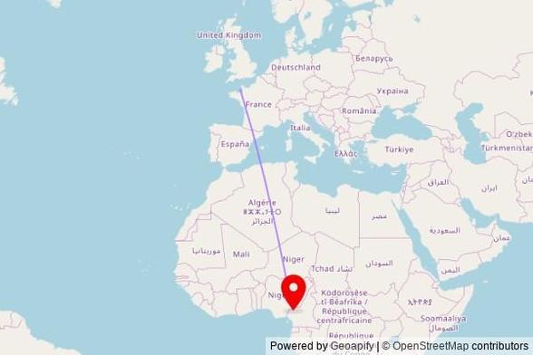 A map showing the great circle route from St Clement in Jersey to a map pin at New Apostolic Church Barejei, P18, Nyen, Cameroon