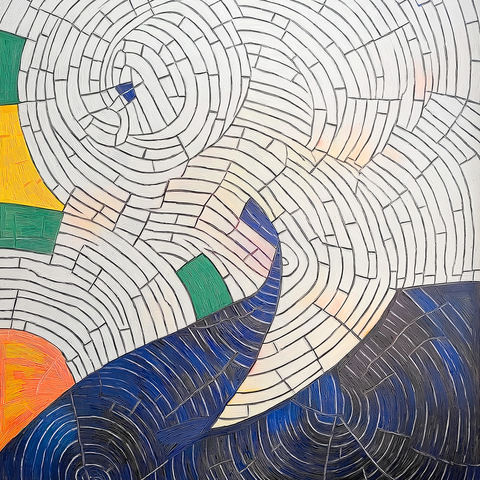 This abstract painting features an intricate mosaic of swirling patterns and geometric sections that draw the viewer into a labyrinth of interconnected shapes. The composition is dominated by concentric spirals, rendered in textured, segmented white lines that create a sense of motion and rhythm, almost like the rippling effect of wind or water. Pockets of bold color break up the white swirls, with vibrant green, yellow, orange, and deep blue filling specific areas. These colorful segments introduce balance and contrast, adding depth and vibrancy to the structured design. The blue section toward the bottom anchors the painting, giving the impression of a wave or landscape element, while the warm tones evoke sunlight or energy radiating outward. 