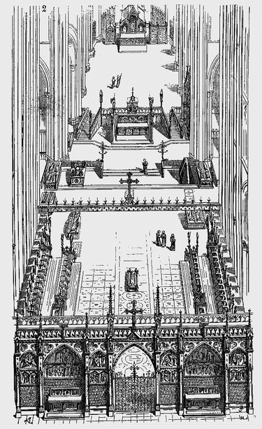 Viollet-le-Duc choir of Saint Denis Abbey in Paris with rood screen, choir stalls and high altar. This schematic exemplifies the spatial separation inside a medieval church. While the clergy performed the liturgy behind the rood screen, the laity gathered in the nave and could only observe the rituals through the screen’s openings. Source: Wikimedia Commons (license: CC BY-SA 3.0)