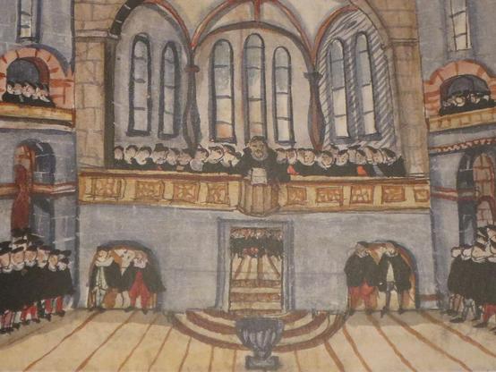 Grossmünster church in Zurich with pulpit lier, copy of Bullinger’s chronicle of the Reformation, 1606. The Protestants In Protestantism, rood screens took on a completely different function. The pulpit, which in Protestant churches was now mounted on the rood screen, became the central place for the sermon, rather than separating the sacred choir area from the laity. The sermon became the central component of the service and was intended to instruct and admonish the faithful, which is why from then on mass could no longer take place behind a separate area. Source: Wikimedia Commonsꜛ (license: public domain)