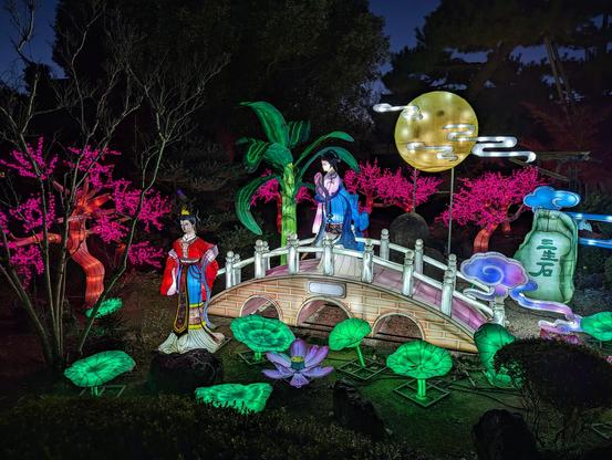Courtly ladies enjoy cherry blossoms by moonlight. These stunning lanterns are accompanied by music played from concealed speakers.
