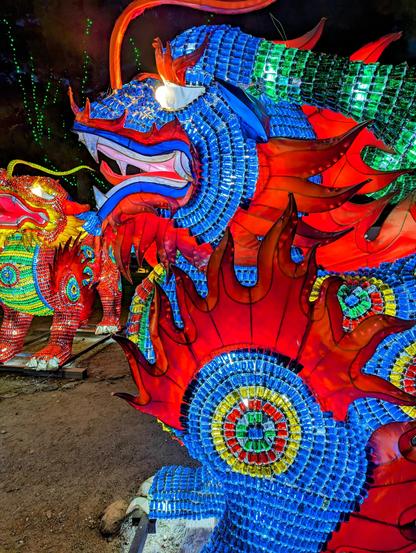 Colourful Chinese Dragons (they are made from thousands of tiny coloured bottles).