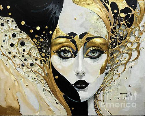 A striking blend of gold, black, and white forms an abstract portrait with bold, expressive eyes. 