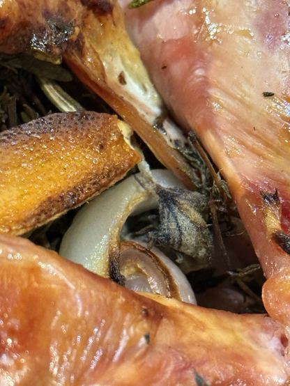 Macro shot of the business end of a stuffed smoked turkey, hot off the grill.