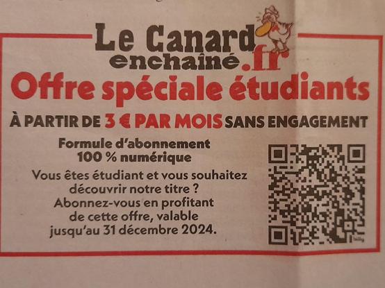 Le Canard Enchaîné fait une promo à 3€ par mois sans engagement pour les étudiants