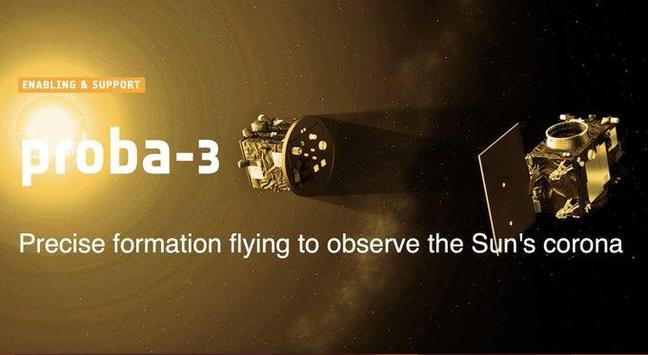 Illustration of the two PROBA-3 satellites flying in formation in front of the Sun