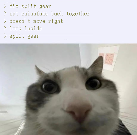 a greentext reading:
> fix split gear
> put chinafake back together
> doesn't move right
> look inside
> split gear
below this is a picture of a cat staring at the camera.