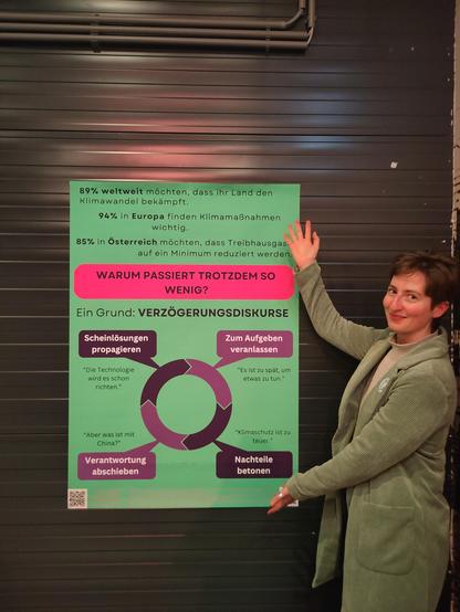 Person standing in front of a poster and showing it of with wide arm movements. The poster is in green, neon-pink and violet colours and talks about majority support to combat climate change as well as discourses of delay is they're employed in relation to climate change.
