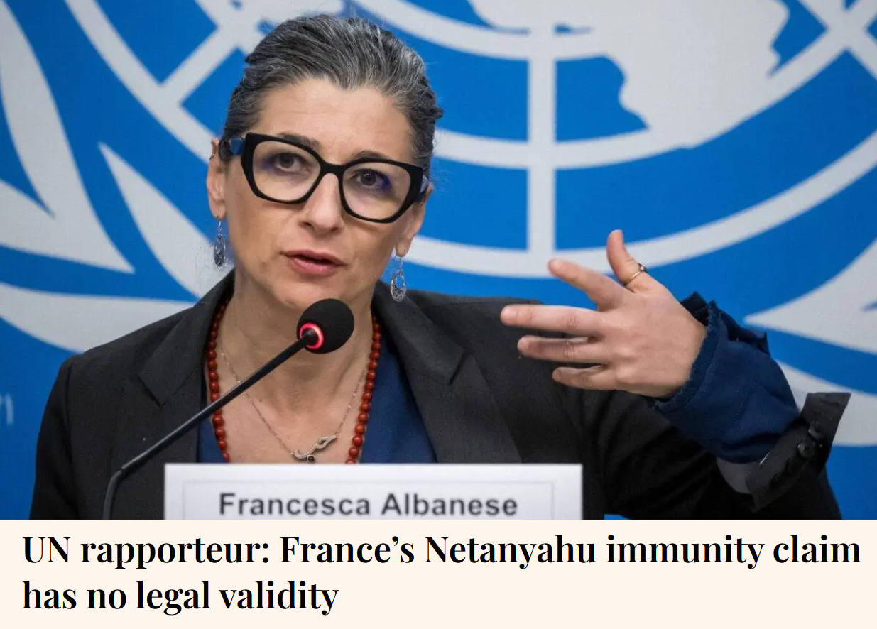UN rapporteur: France’s Netanyahu immunity claim has no legal validity. Picture: United Nations (UN) Special Rapporteur on the Rights Situation in the Palestinian Territories, Francesca Albanese speaks at a press conference during a session of the UN <br />Human Rights Council, in Geneva, on 27 March, 2024.