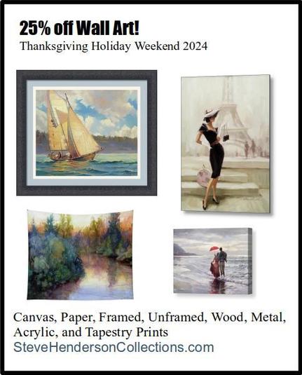 Collage of fine art prints in various stubstrates, from framed paper to canvas, tapestry to metal.