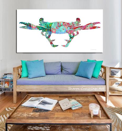 Colorful crab art in green, blue and coral on crisp white by artist Sharon Cummings.