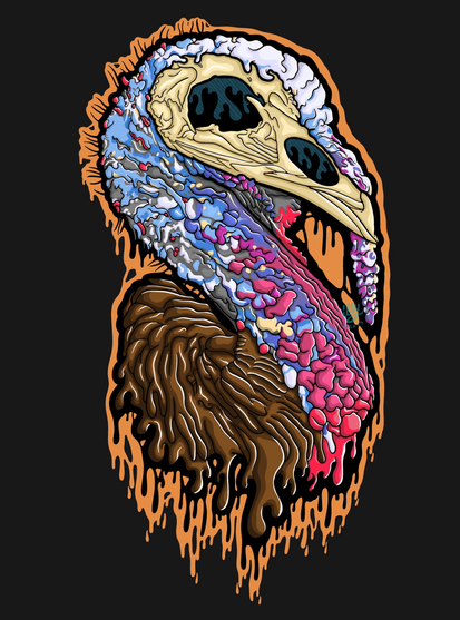 A drippy illustration of a skull turkey.