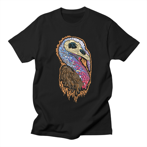 The drippy skull turkey illustration displayed on a t-shirt.