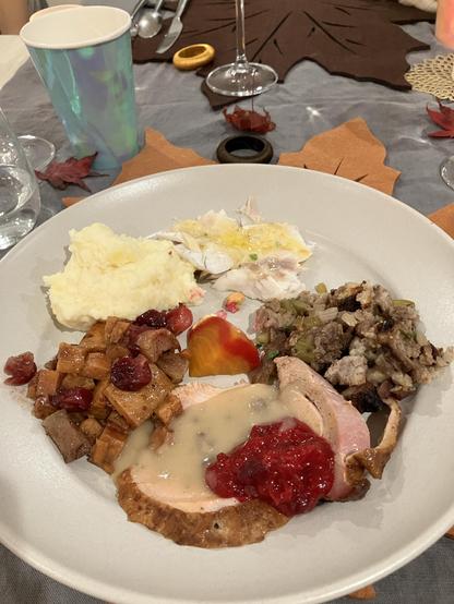 A plate of Thanksgiving dinner featuring sliced turkey with gravy and cranberry sauce, mashed potatoes, stuffing, roasted sweet potatoes with cranberries, and a small serving of fish with butter sauce. The dining setting includes a colorful cup and decorative autumn leaf placemats.