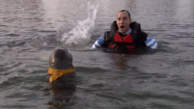 Clothed man in water, wearing multiple flotation devices, with look of horror as a seal swims toward him