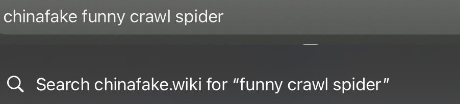 A screenshot of the search bar in Safari on iOS. Entered into the search box is "chinafake funny crawl spider". The top search suggestion is "Search chinafake.wiki for 'funny crawl spider'".