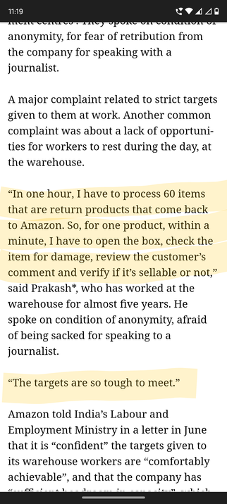 Poor working conditions in Amazon warehouses.
