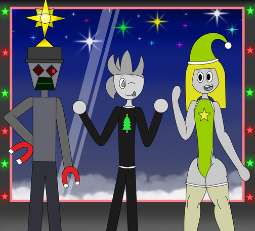 Christmas drawing of (from left to right) Titanium, Mercury and Kalium all ready to celebrate the holidays. While Mercury and Kalium are happy for Christmas, Titanium -- wearing a star tree topper on his head -- feels somewhat neutral, not entirely seeing the appeal of the holiday season.