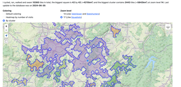 A screenshot of my sport app showing Color-coded clusters in Squadrats size, and statistics of the area sizes covered.