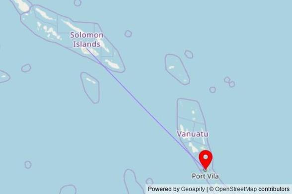 A map showing the great circle route from Honiara in Solomon Islands to a map pin at Cathédrale du Sacré-Cœur, Bouganville Street, Port Vila, Vanuatu