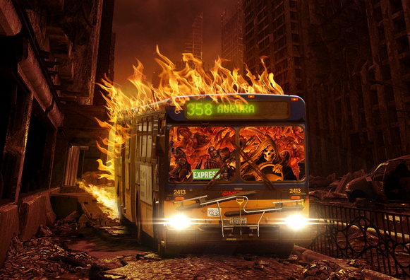 Illustration of King Count Metro bus careening, flaming, driven by hooded skeleton, and full of ghouls and goblins 