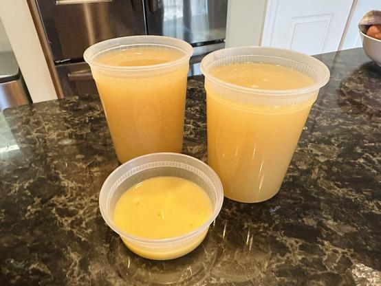 2 quarts of turkey stock and a little container of turkey fat cooling on the countertop