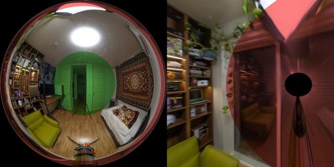 On the left, a mirror ball reflecting a living-room with sofas and a library. To the right, image of the same living room as seen from the right with view of the left corner with a pupil like red transparent circle, pupil like, overlaid on the image.
Aliasing free blending of multiple visualizations
From Mathematical Magic Mirrorball 