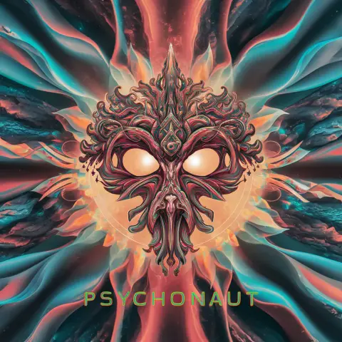 An image depicting the floating avatar of the eternal psychonaut illuminated by an ethereal starburst of cosmic energy. The image consists of organic and gaseous components.