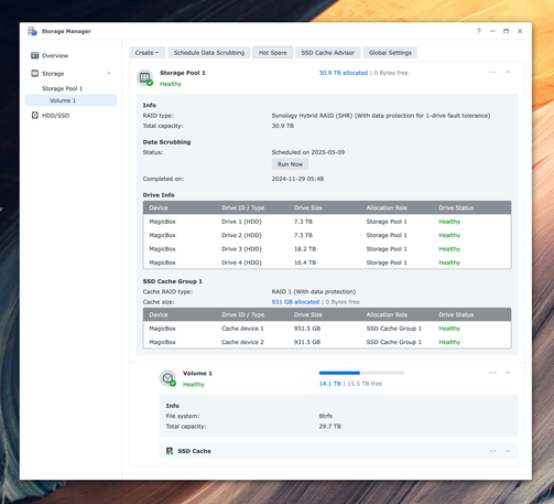 Storage Manager on my Synology DS918+ with 4 disks

- 8 TB
- 8 TB
- 20 TB
- 18 TB 

Total capacity 29.7 TB on Synology Hybrid Raid (SHR)