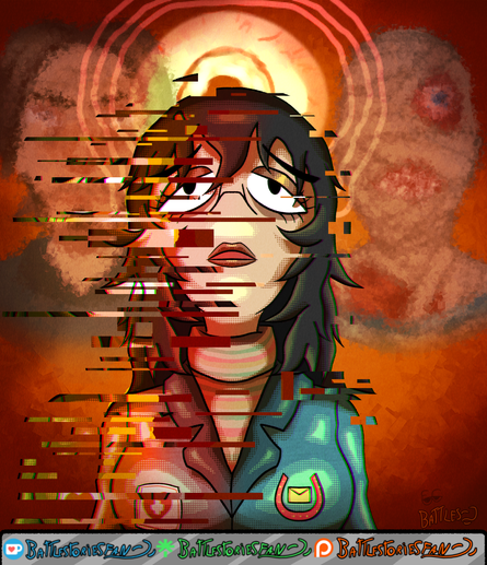 Digital Fanart of Mouthwashing characters Anya, Curly and Jimmy. Anya is partially glitched and staring into space, with blurry versions of Curly and Jimmy behind her.
