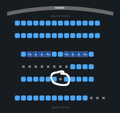 Seating diagram for a movie theater showing occupied seats, including one single occupied seat in the middle of a row.