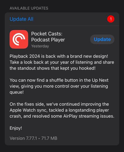 Captura de pantalla del App Store de iOS mostrando los detalles de la nueva actualización de Pocket Casts (versión 7.77.1) la cual muestra que ha esta disponible el Playback de 2024. 