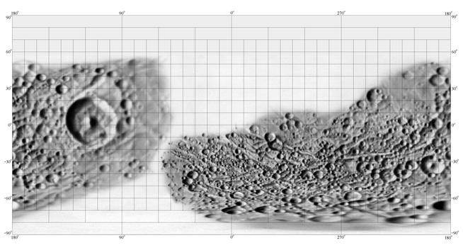 A U.S. Geological Survey map of Saturn's moon Mimas made using Voyager images. Like the earlier Enceladus map from the same source, it has large blank areas, especially in the northern hemisphere.