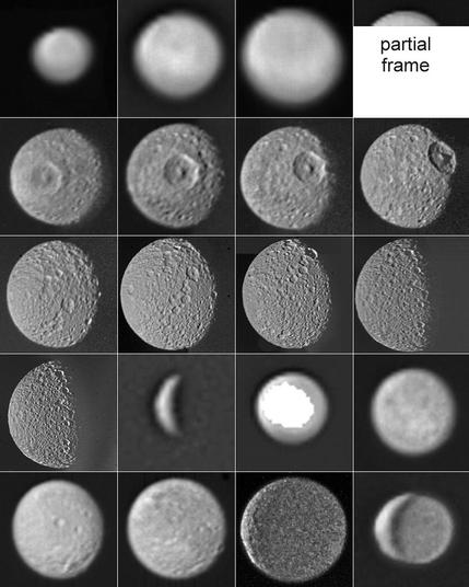 The full set of Mimas images from Voyagers 1 and 2. The first 14 images are from Voyager 1, including the best images, and the last 6 are from Voyager 2.