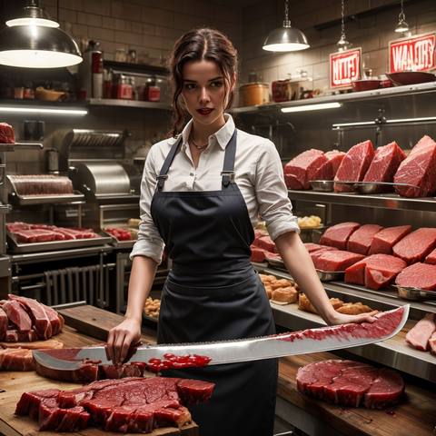 A photo of a woman who is a butcher, in what appears to be a butcher shop with it's shelves adorned with thick cuts of red meat.  In her hands is a monsterous blade, which she uses to cut the finest ribs. 
