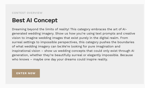 The image contains a contest description for a category titled **"Best AI Concept."** Below the title, the text reads:

---

**"Dreaming beyond the limits of reality! This category embraces the art of AI-generated wedding imagery. Show us how you’re using text prompts and creative vision to imagine wedding images that exist purely in the digital realm. From surreal settings to impossible perspectives, this category pushes the boundaries of what wedding imagery can be. We’re looking for pure imagination and inspirational vision – show us wedding concepts that could only exist through AI generation, whether they’re beautifully surreal or elegantly impossible. Because who knows – maybe one day your dreams could inspire reality."**

---

There is also a gold button below the description with the text **"Enter Now."** The overall style is clean and modern, with black text on a light background.