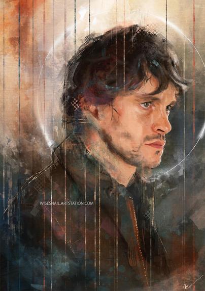 Digital side portrait of Hugh Dancy as Will. He is looking at something ahead of him, and has a serious expression. The face is quite detailed, but the clothes and the background are rendered with rough brush strokes in the tones of brown, orange and blue/green. A white halo completes the portrait.