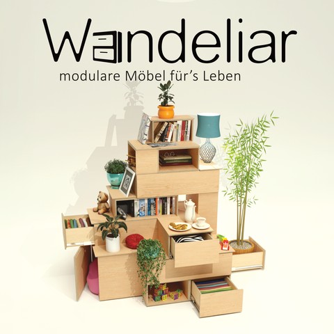Das Foto zeigt eine Art Turm, aus Holzmodulen, einige Schubladen stehen offen, viel Deko ist am, auf und um den Turm herum platziert. Pflanzen, Kinderspielzeug, ein Teeservice, eine Lampe, ein Holzflugzeug, Bücher, eine Brille und andere kleine Dinge.
