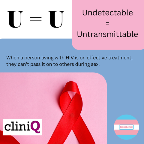 U = U. Undetectable = Untransmittable.  When a person living with HIV is on effective treatment, they can’t pass it on to others during sex. Photo of a red HIV/AIDS awareness ribbon