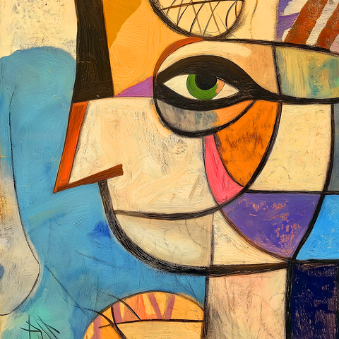 This vibrant artwork portrays a cubist-style profile of a figure, with bold geometric shapes forming the face, eye, and surrounding elements. The dominant green eye draws immediate attention, exuding an intense focus. The composition is divided into sections filled with warm oranges, yellows, and soft blues, contrasted by darker lines and cooler tones in the background. The abstract yet expressive design gives the piece a sense of personality and complexity, as if capturing both the external and internal dimensions of the subject. The interplay of sharp angles and curved lines, along with the rich texture, adds depth and intrigue to this captivating visual story.