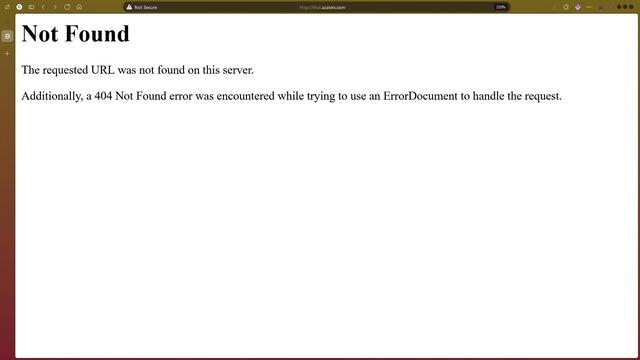 Another screenshot of the chat.azateix.com website after the complete failure of a launch. It now spits out an error; "Not Found. The requested URL was not found on this server. Additionally, a 404 Not Found error was encountered while trying to use an ErrorDocument to handle the request."