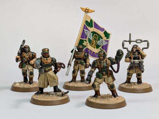 Cadian Command Squad painted in the style of the box art, but the main colors on the flag are green and purple.